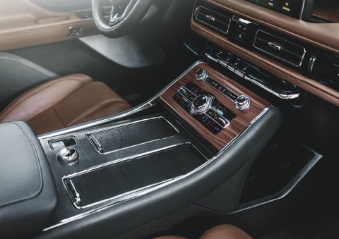 The front center console of a 2024 Lincoln Aviator® SUV is shown | Crossroads Lincoln of Southern Pines in Southern Pines NC